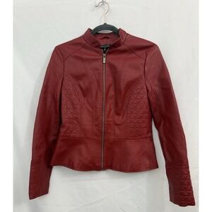 Baccini Faux Leather Jacket Red Full Zip Womens Size PS